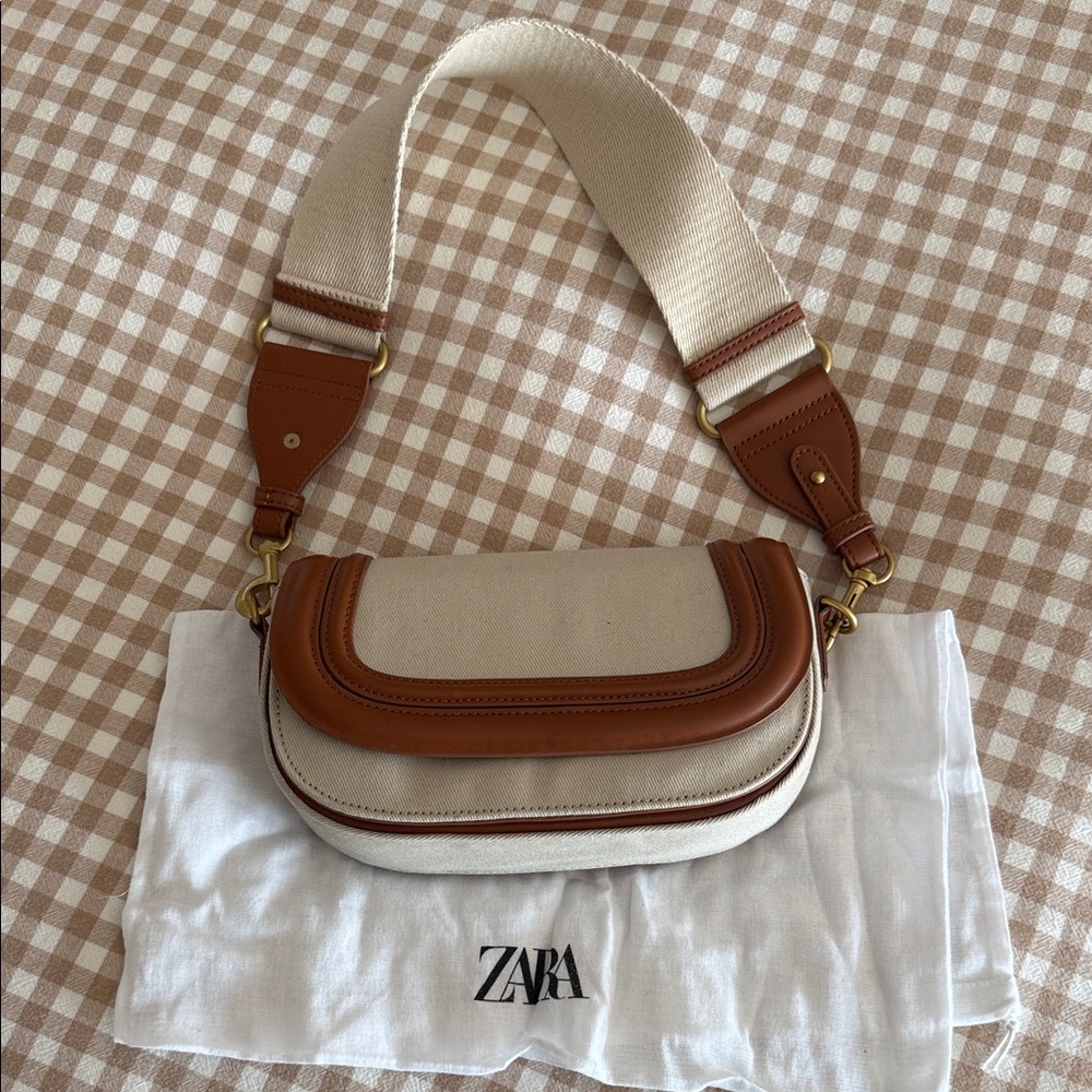 ZARA Cream Canvas Crossbody with Tan Leather Trim